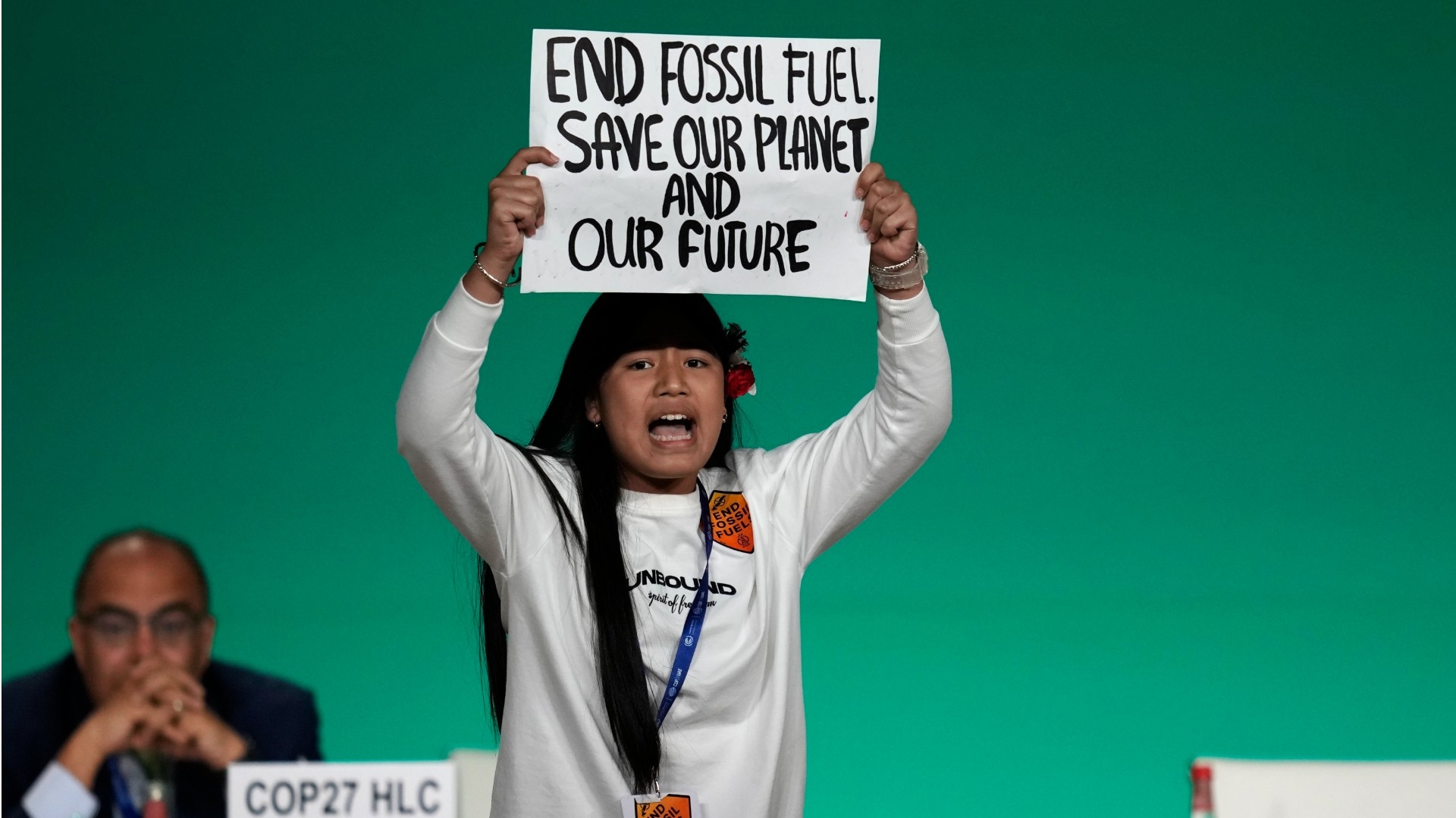 Licypriya Kangujam protests against the use of fossil fuels during an event at the COP28 U.N. Climate Summit, Monday, 11 December 2023, in Dubai, United Arab Emirates (AP)