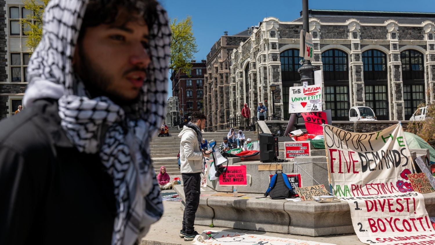 Students and others at City College continue to organize around a pro-Palestinian encampment on their West Harlem campus on 26 April 2024 in New York City.