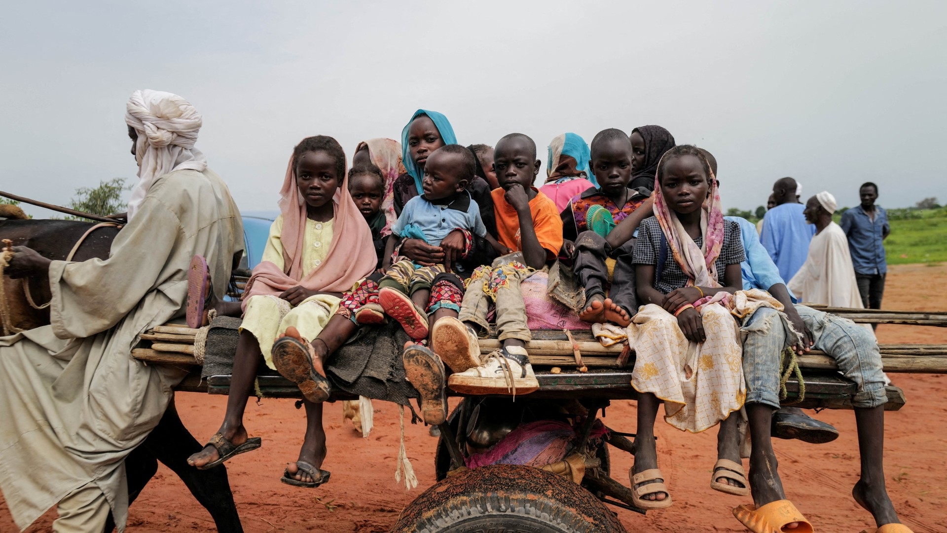 Sudanese children, who fled the conflict in Darfur, ride a cart while crossing the border between Sudan and Chad, 4 August 2023 (Reuters/Zohra Bensemra)