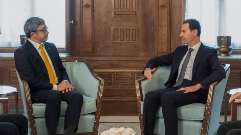 Syria's President Bashar al-Assad meets with UAE Foreign Minister Sheikh Abdullah bin Zayed Al Nahyan in Damascus, Syria on 4 January 2023.