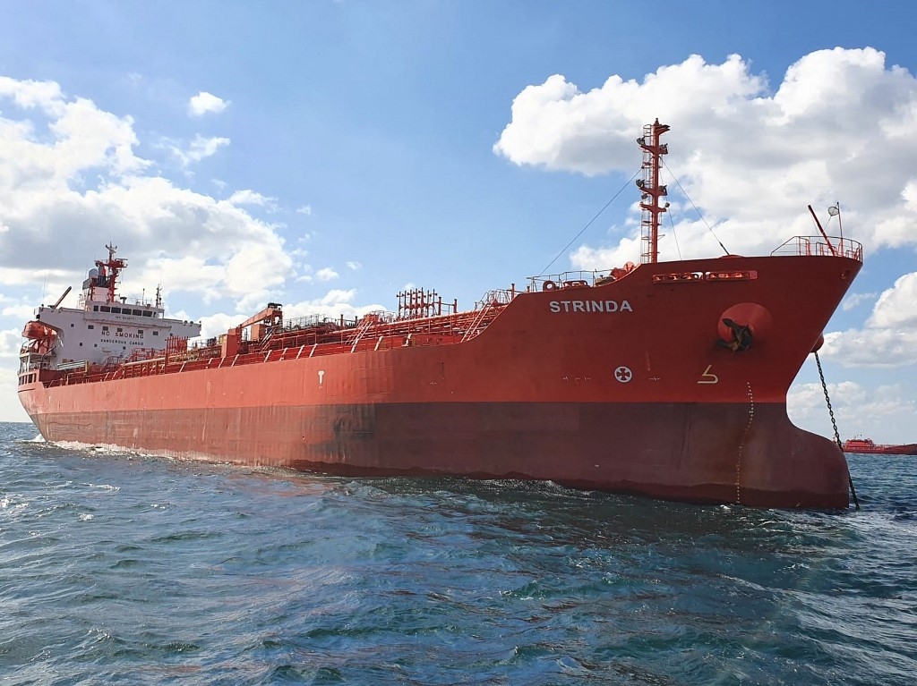 This handout photograph released by AS J Ludwig Mowinckels Rederi on 12 December 2023 shows the Norwegian-flagged chemical tanker the MT Strinda (AFP)