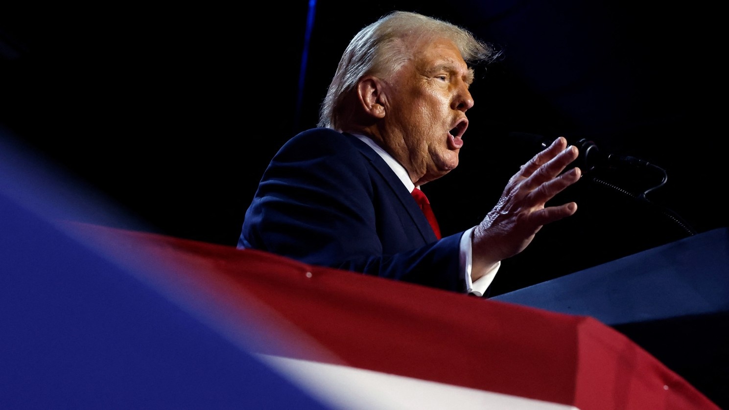 US President-elect Donald Trump speaks during an election night event at the Palm Beach Convention Center on 6 November 2024 in West Palm Beach, Florida.