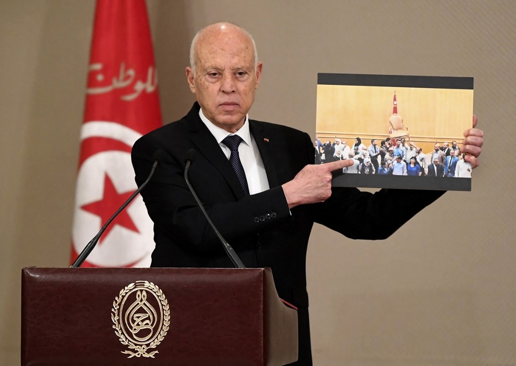 President Kais Saied announcing the formation of a new government in Tunis on in October 2021 (AFP)