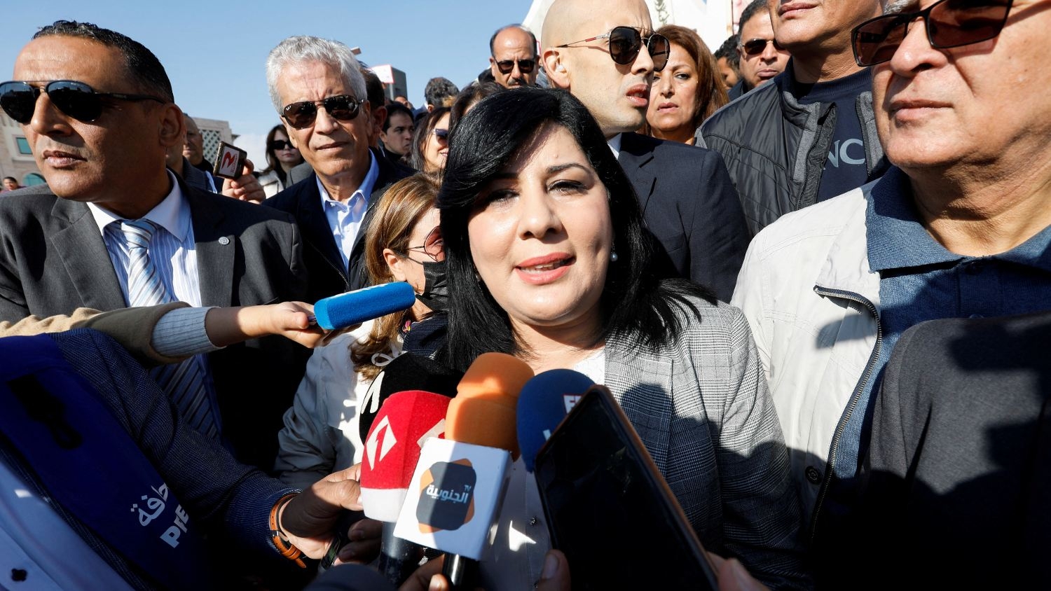 Abir Moussi speaks to the media during a protest demanding the dissolution of parliament and asking for early legislative elections, in Tunis, Tunisia on 20 November 2021.