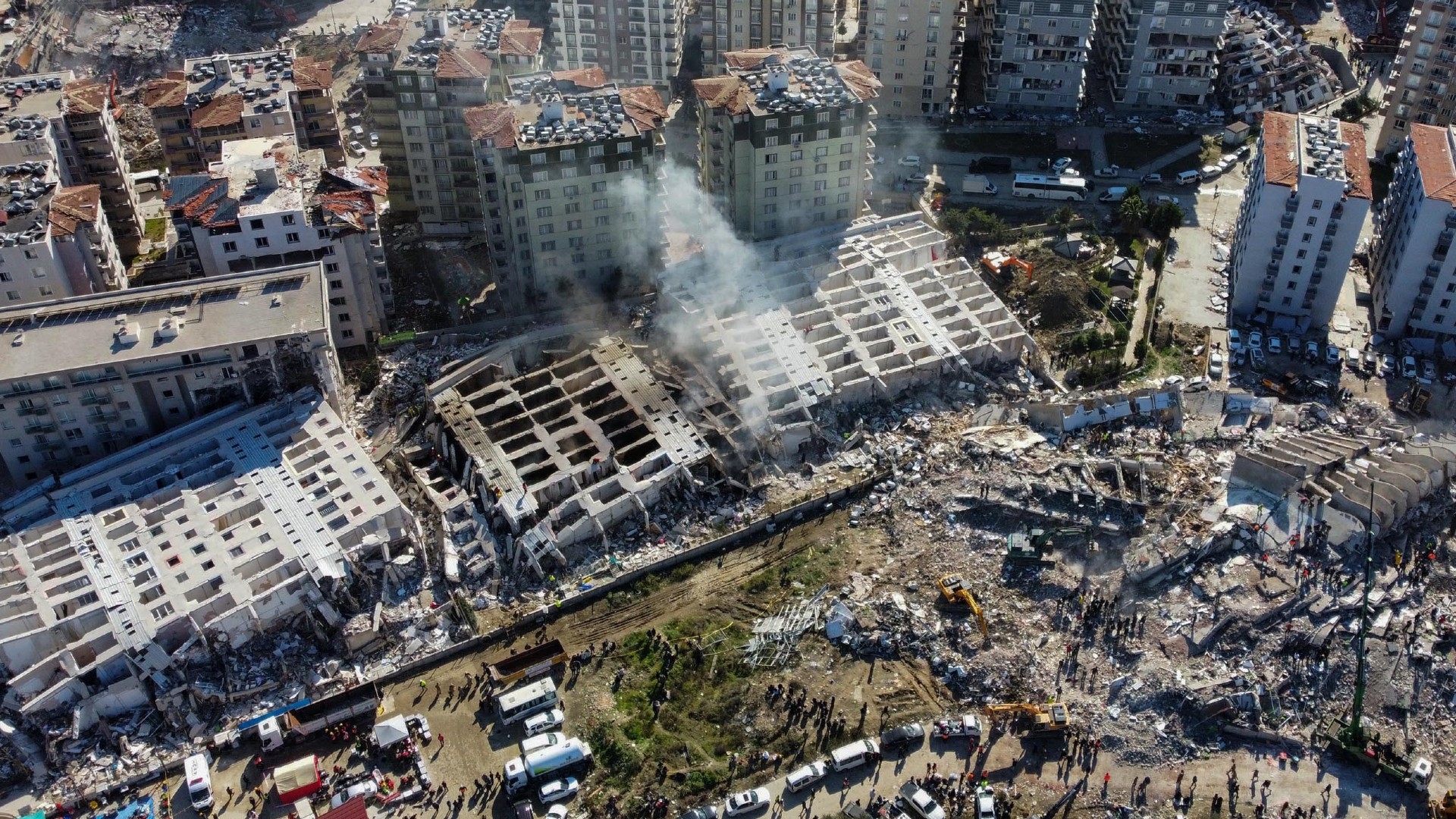 This aerial view shows collapsed buildings in Hatay, southeastern Turkey on 8 February 2023 (AFP)