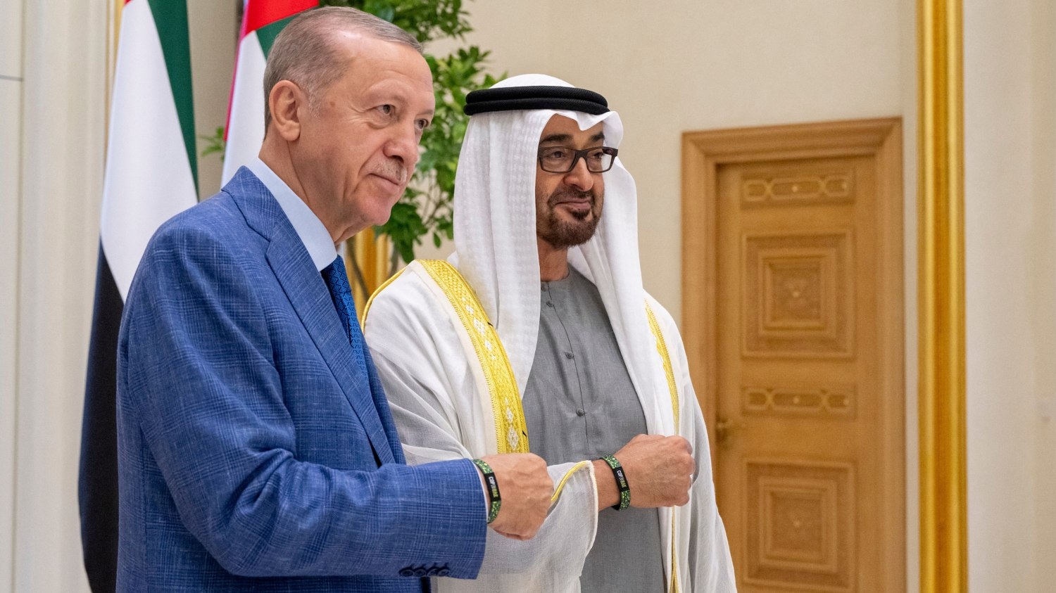 UAE President Mohamed bin Zayed and his Turkish counterpart Recep Tayyip Erdogan stand for a photograph during an official reception in Abu Dhabi on 19 July 2023.