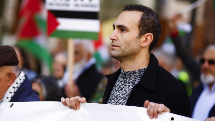 Playwright Khalid Abdalla is pictured at a pro-Palestinian protest in central London on 30 March 2024 (Benjamin Cremel/AFP)