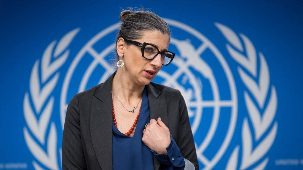 Francesca Albanese, the UN special rapporteur on Palestine, attends a news conference in Geneva, Switzerland, on 27 March 2024 (Fabrice Coffrini/AFP)
