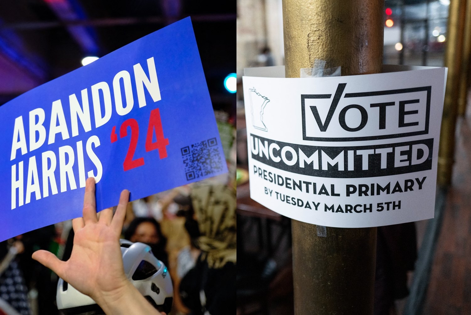 Left photo: A poster from the Abandon Harris campaign. Right photo: A poster for the Uncommitted campaign.