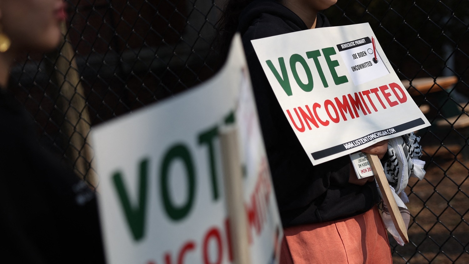 Voters uncommitted to President Joe Biden rally outside of a polling location at Maples Elementary School on 27 February 2024 in Dearborn, Michigan.