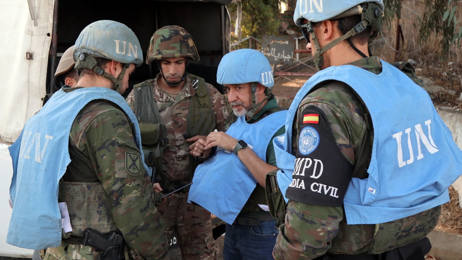 Spanish peacekeepers of the United Nations Interim Force in Lebanon coordinate their patrol with the Lebanese army, in Marjayoun in south Lebanon on 8 October 2024.