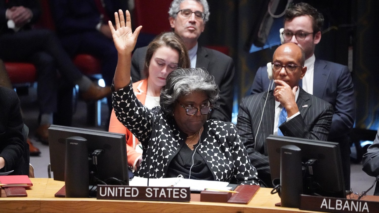 US ambassador to the UN Linda Thomas-Greenfield votes on a resolution regarding Israel's war on Gaza at a Security Council meeting on 18 October 2023 in New York.