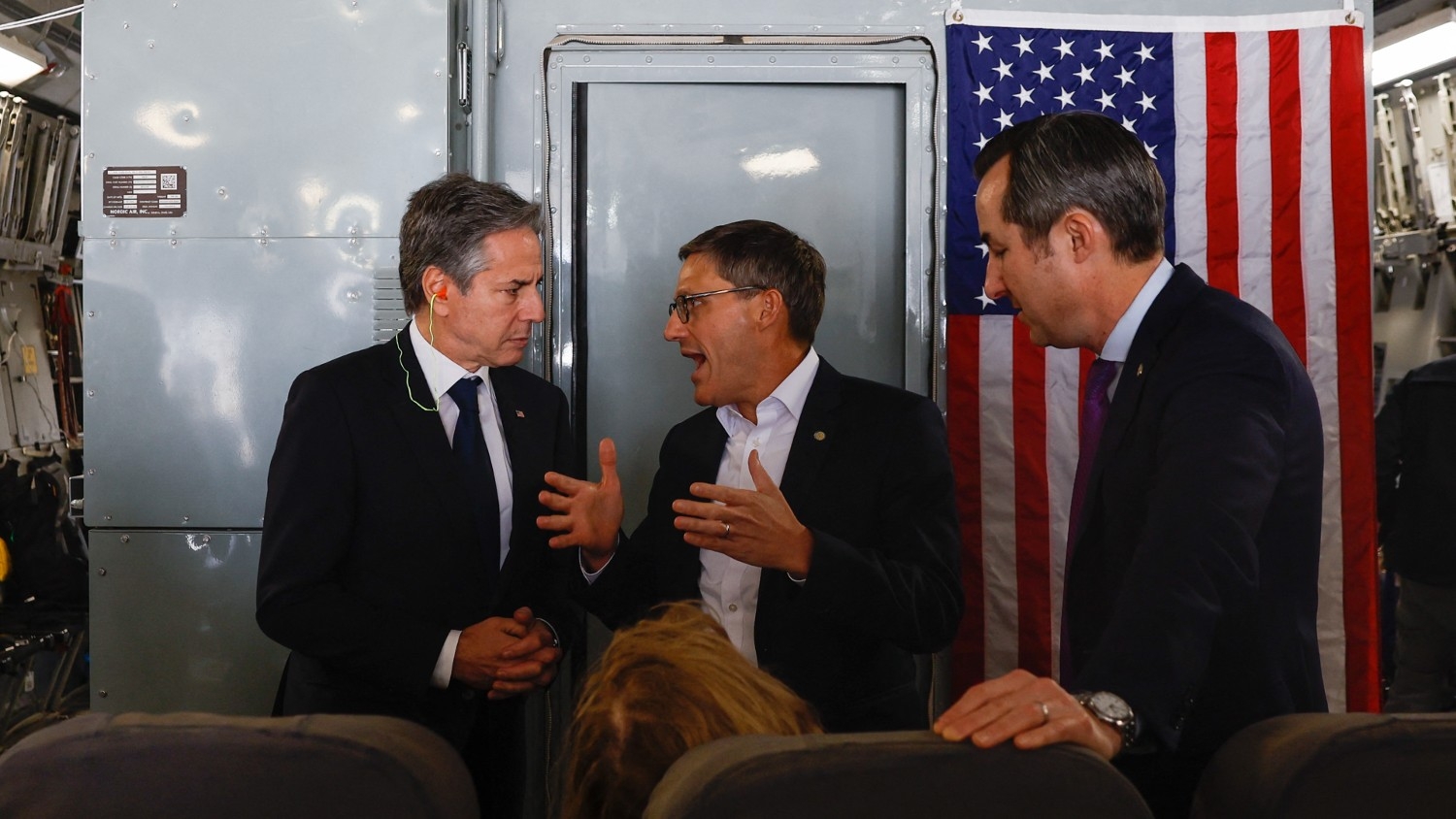 US Secretary of State Antony Blinken and US State Department Counselor Derek Chollet speak as they depart for Bahrain at Ben Gurion airport in Israel on 10 January 2024.