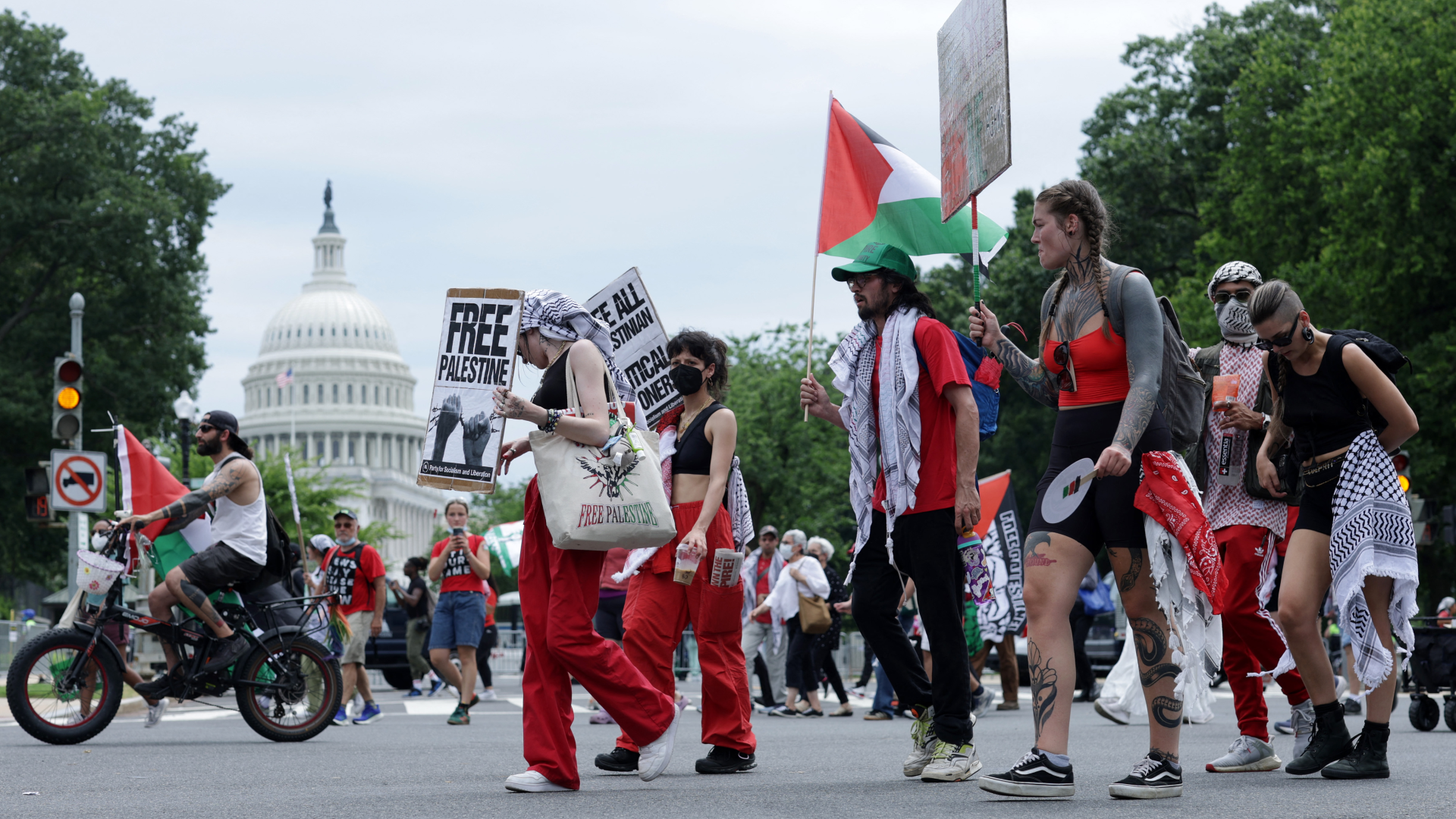 Pro-Palestine protesters march in front of US Congress during Israeli prime minister Benjamin Netanyahu's address on 24 July. AFP/Alex Wong.