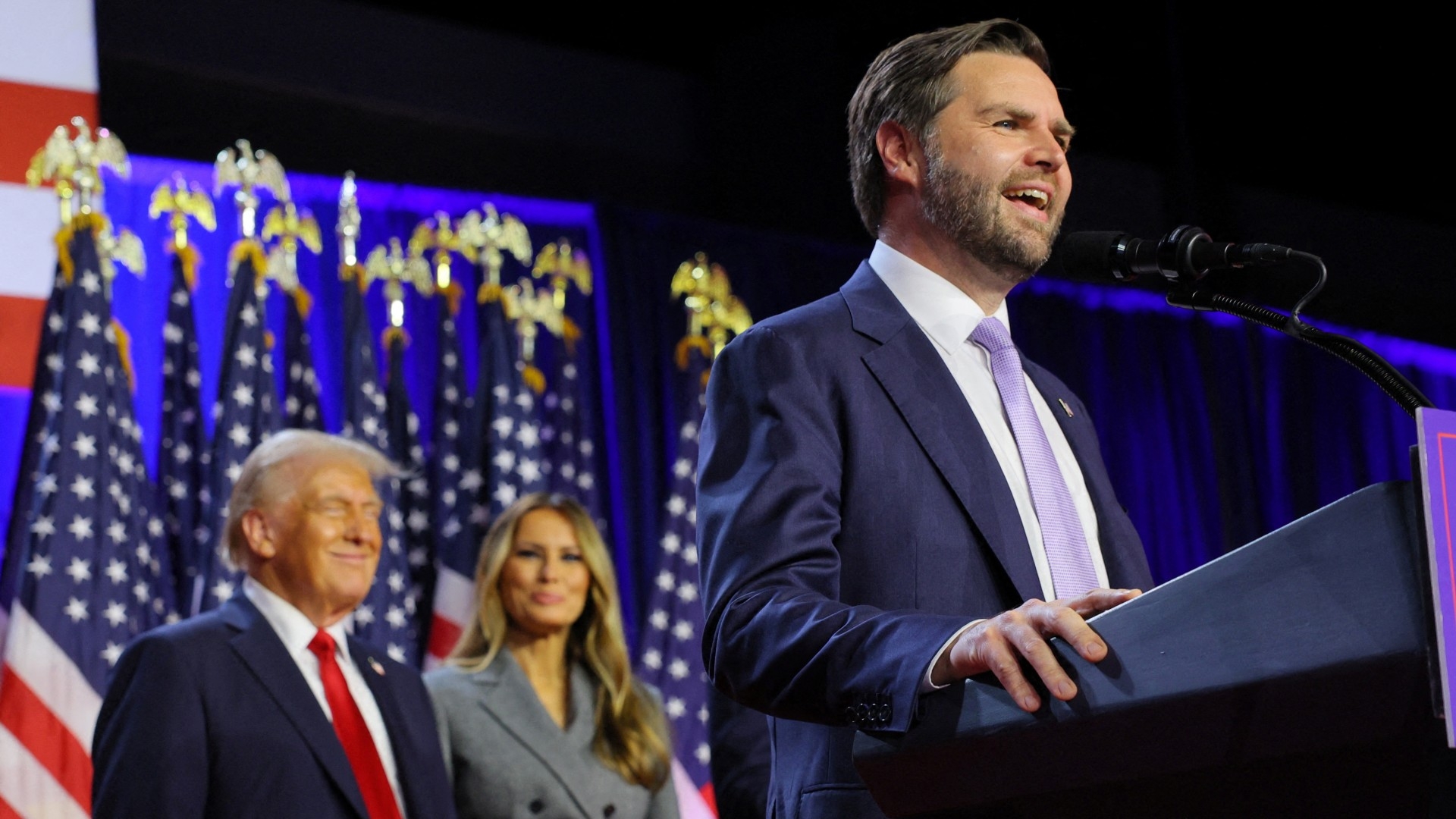 JD Vance addresses supporters at Donald Trump's rally at the Palm Beach County Convention Center in Florida on 6 November 2024 (Brian Snyder/Reuters)