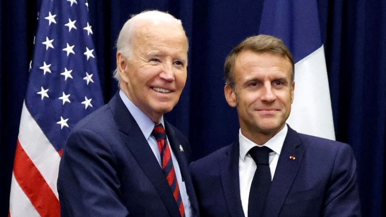 US President Joe Biden and French President Emmanuel Macron are pictured during a meeting on the sidelines of the UN General Assembly in New York on 25 September 2024 (Ludovic Marin/AFP)