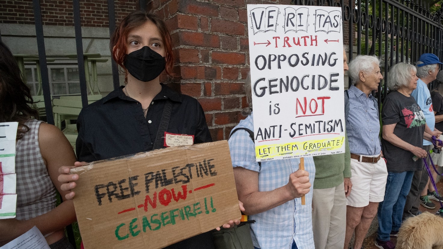 Pro-Palestinian demonstrators protest outside Harvard Yard during Harvard University's class of 2024 graduation ceremony in Cambridge, Massachusetts on 23 May 2024.