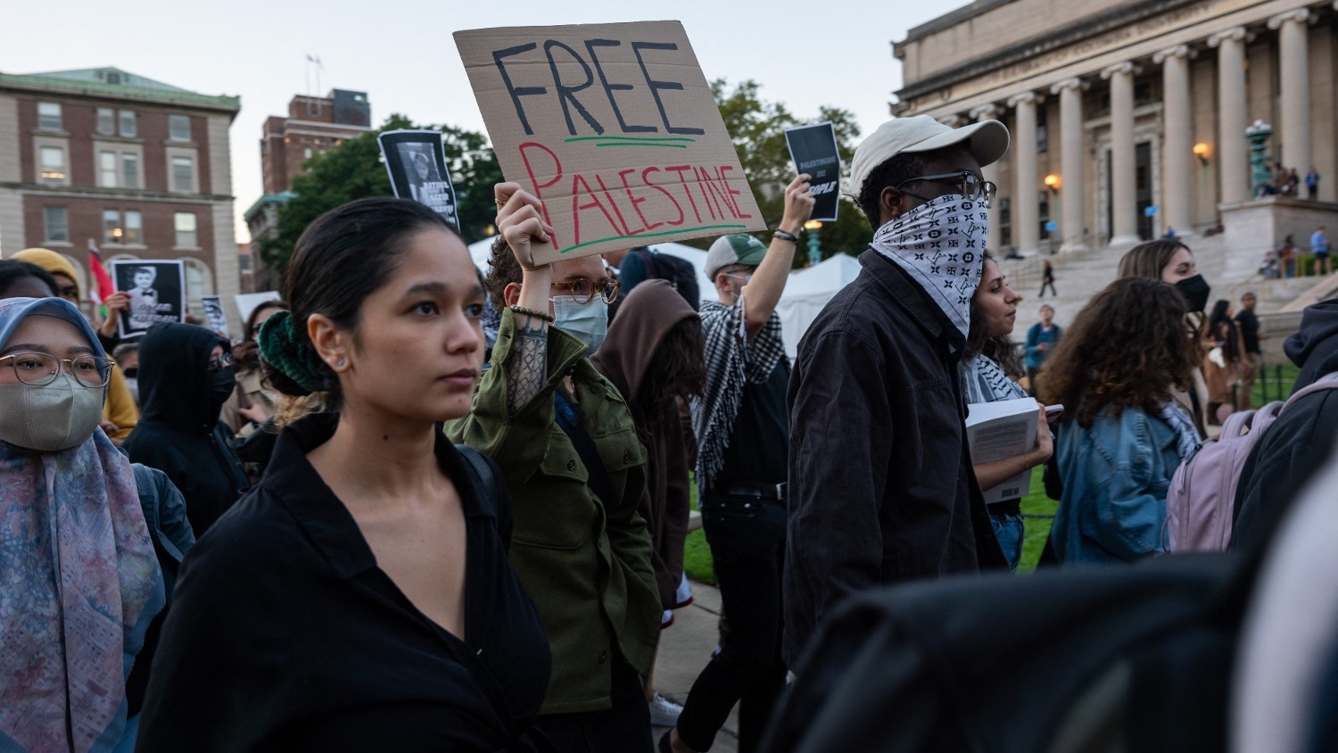 Columbia students participate in rally in support of Palestine at the university on 12 October 2023 in New York City. A counter-rally in support of Israel was also held by students across the lawn.