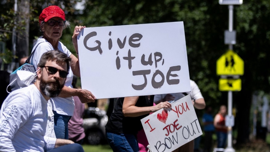 Protesters gather outside of a Biden rally in Madison, Wisconsin, on 5 July 2024 (Jim Vondruska/Getty Images/AFP)