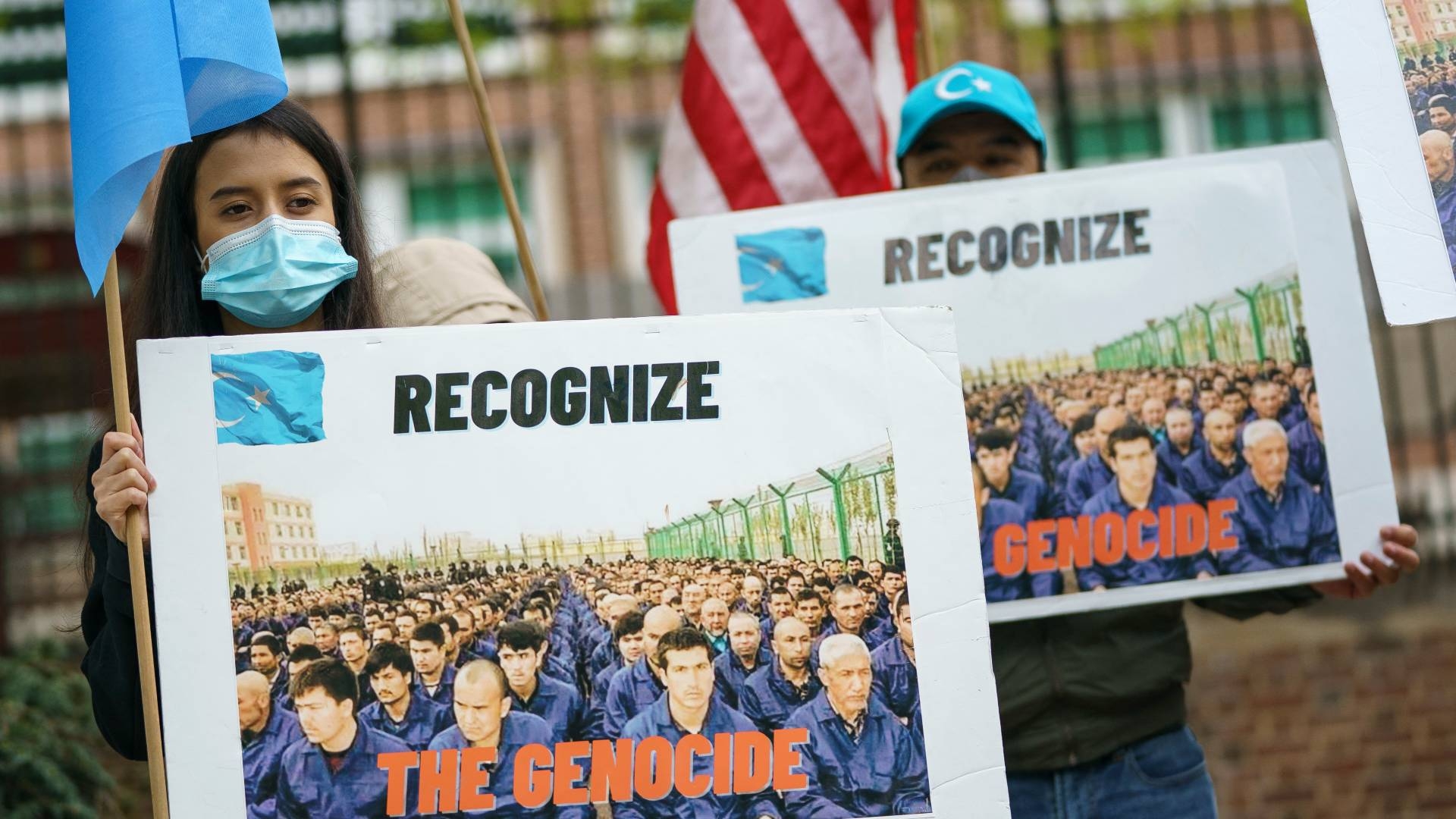 Uyghurs rally in front of the British Embassy in Washington DC ahead of a vote in the British House of Commons on whether or not to declare that a genocide is underway in Xinjiang on 16 April 2021.