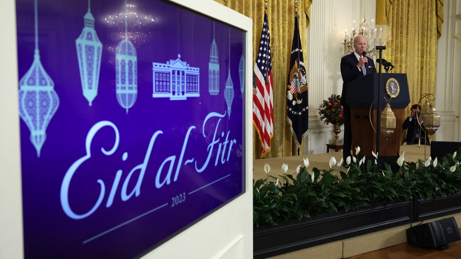 US President Joe Biden speaks during a reception celebrating Eid-al-Fitr in the East Room of the White House on 1 May 2023 in Washington DC.