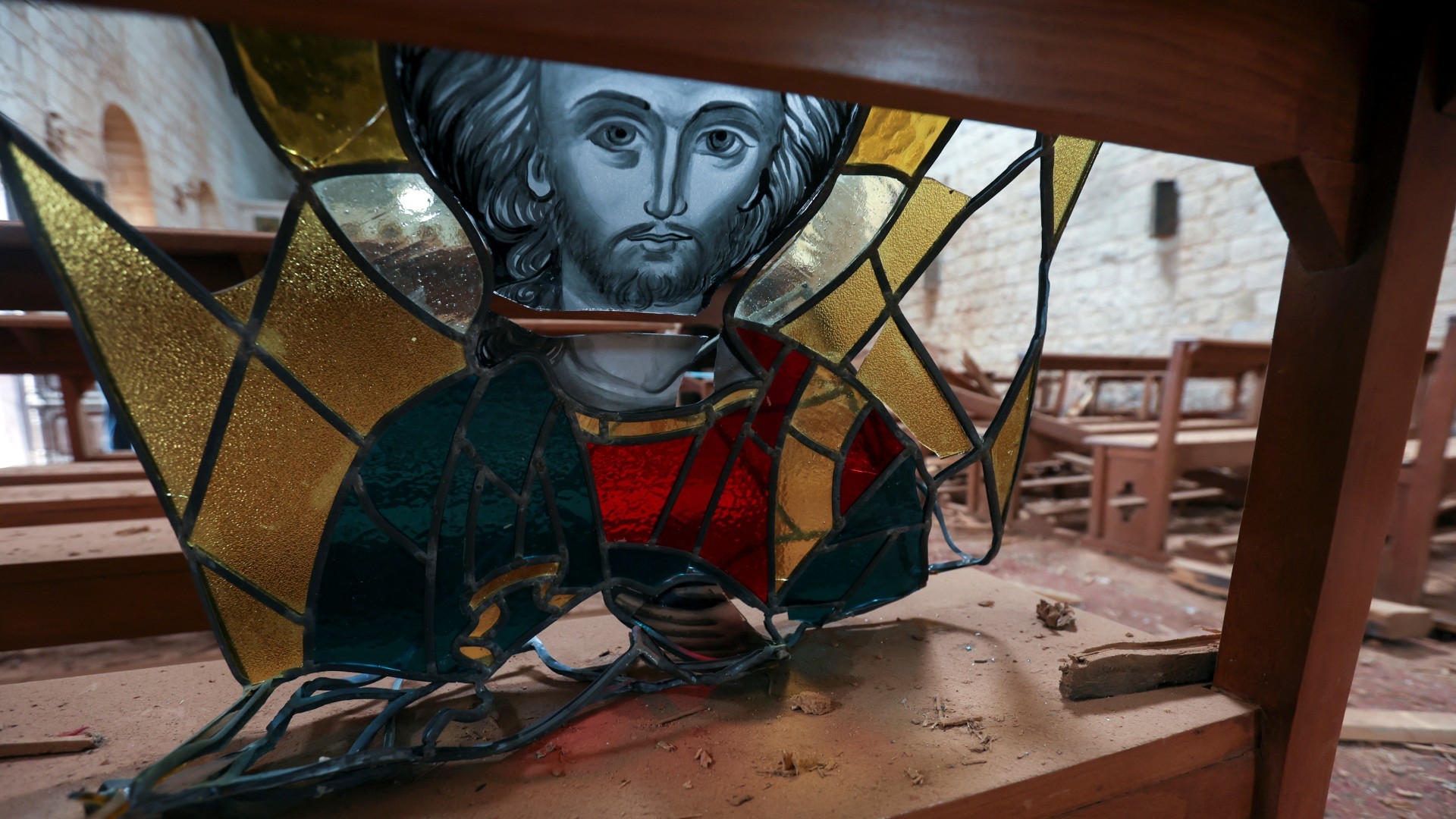 Damage inside Saint George church caused by Israeli shelling in Yaroun, southern Lebanon 28 November 2023 (Reuters/Aziz Taher)