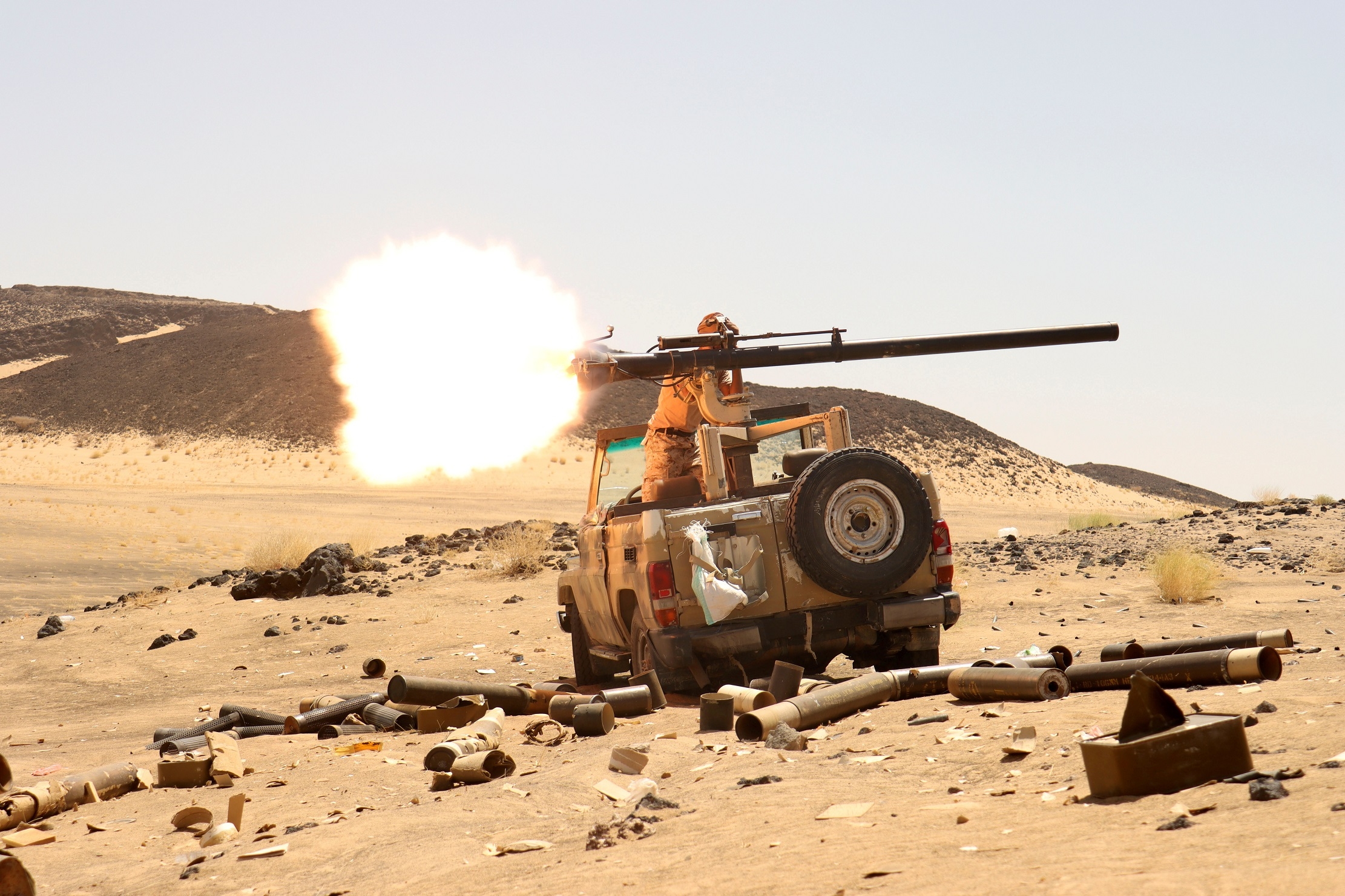 A Yemeni government fighter at a frontline position during fighting against Houthi rebels in Marib, 9 March (Reuters)