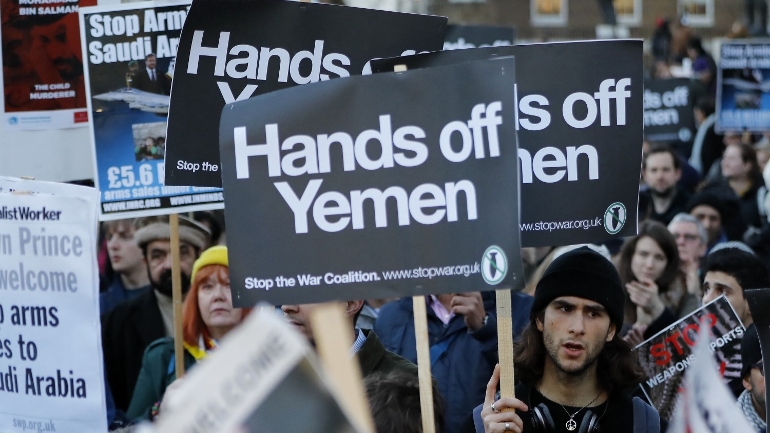 Protesters demonstrate against UK arms sales to Saudi Arabia in London in 2018.