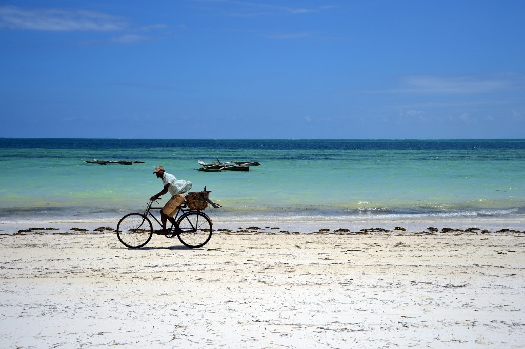 Cycliste sur une plage de Zanzibar (AFP/Gabriel Bouys)