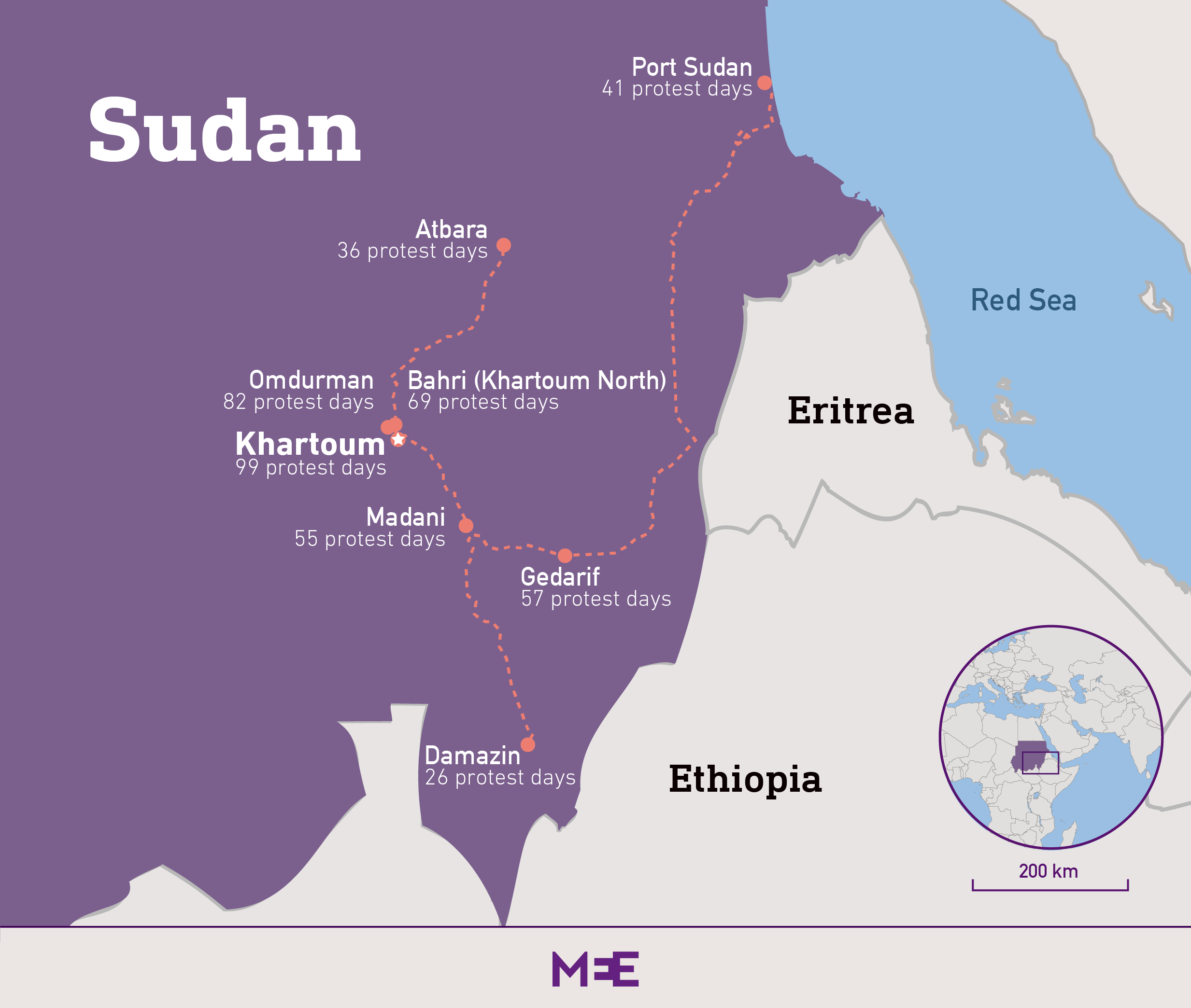 Sudan protests map