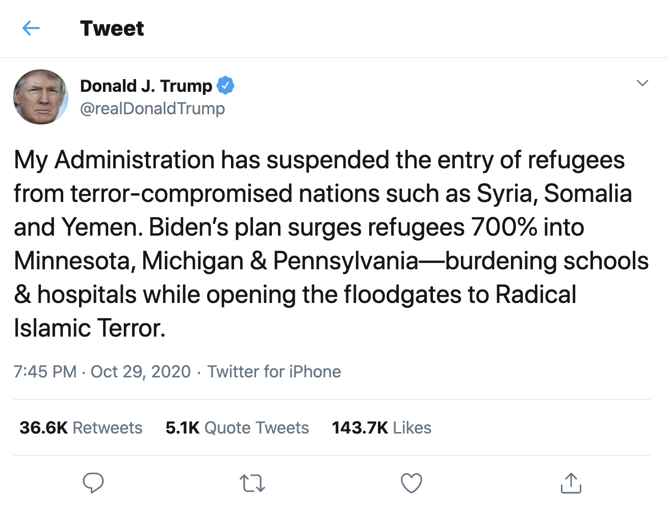 Trump reminded his base about his Muslim ban on October 29, 2020 [Twitter]