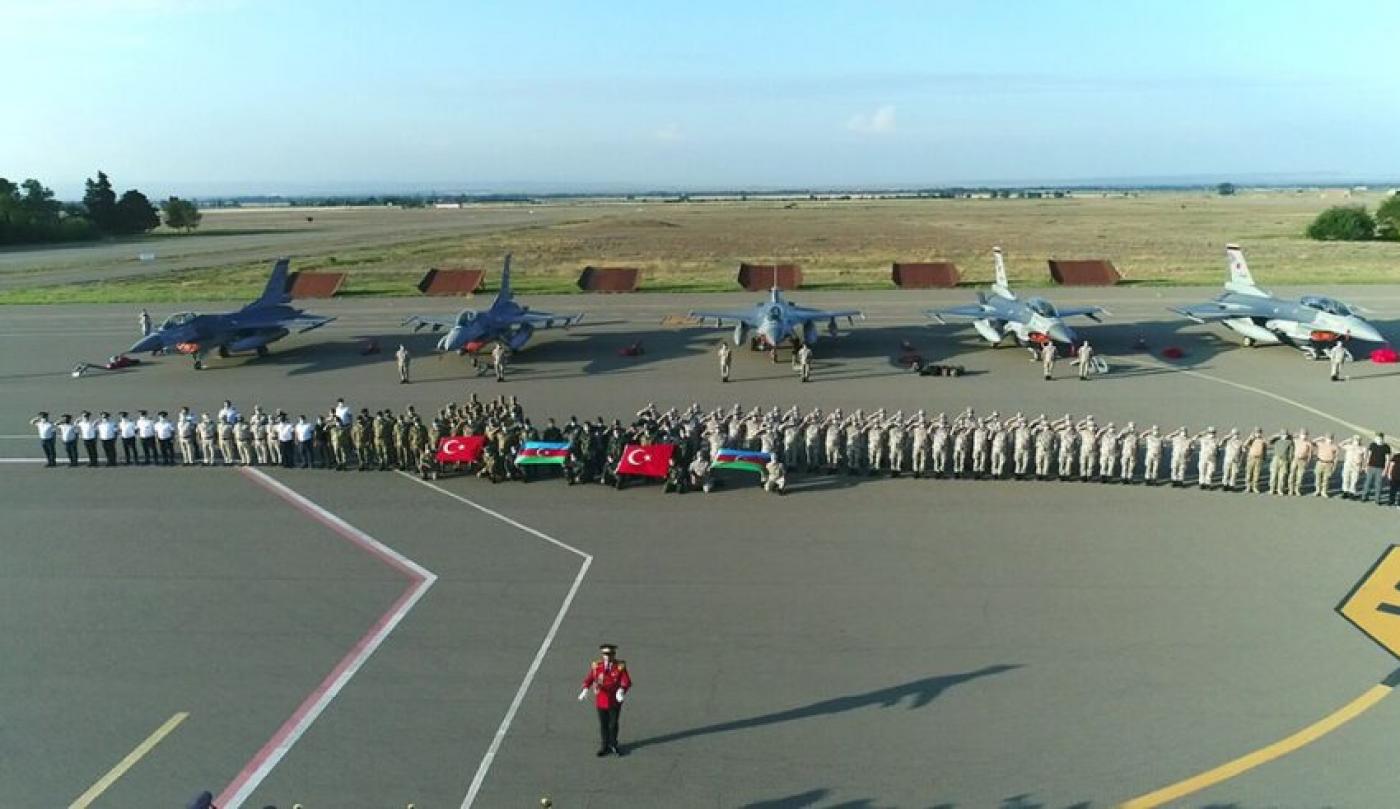 Five Turkish F-16s taking part in the TurAz Eagle military drill in Azerbaijan's city of Ganja on 31 July (Azerbaijan Ministry of Defence)