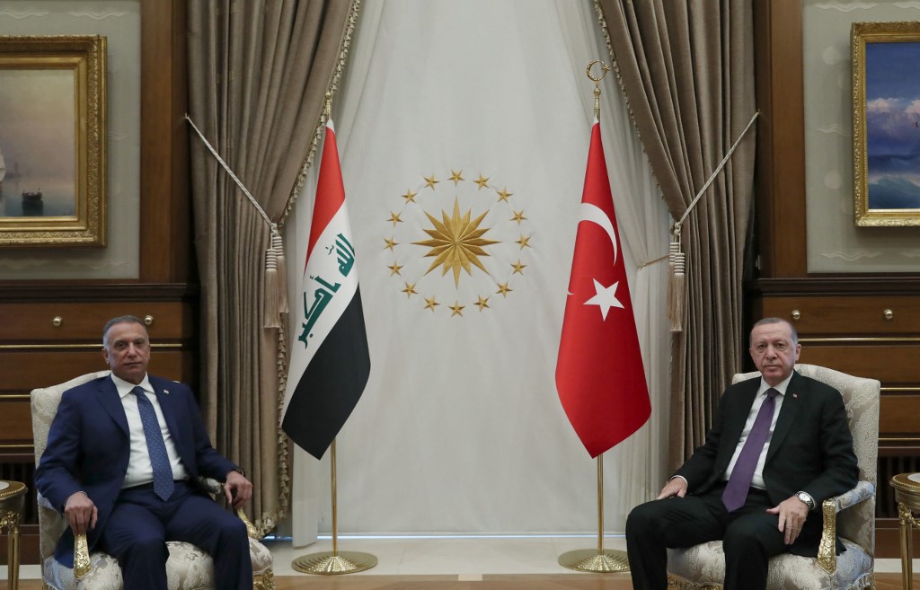 Iraqi Prime Minister Mustafa al-Kadhimi and Turkish President Recep Tayyip Erdogan meet in Ankara in December 2020 (Mustafa Kamaci/Turkish Presidential Press Service/AFP)