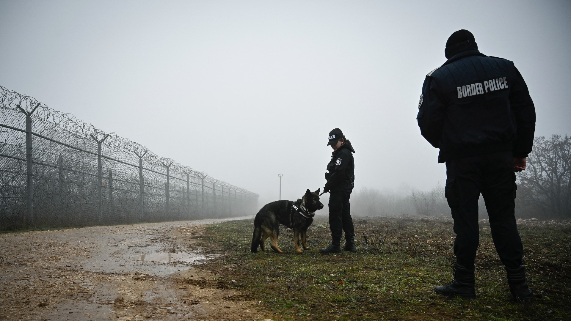 Bulgarian border police officers patrol with a dog in front of the border fence on the Bulgaria-Turkey border near the village of Lesovo on January 13, 2023