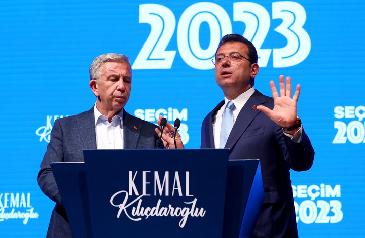 Istanbul mayor Ekrem Imamoglu and Ankara mayor Mansur Yavas talk to the media at CHP headquarters in Ankara, Turkey after voting closes on 14 May (Reuters)