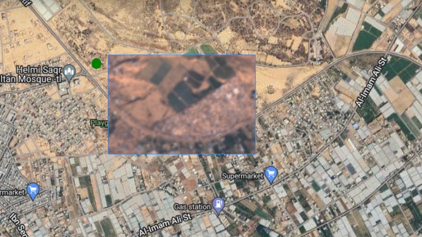 Une image prise le 26 décembre par un satellite Sentinel montre des tentes appartenant à des Palestiniens déplacés installées à l’endroit désigné pour un hôpital de campagne (Soar/Sentinel Hub)