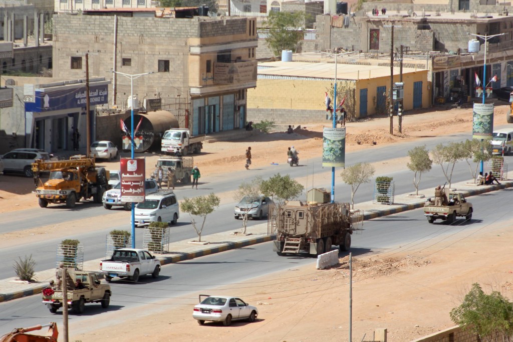 UAE-trained troops drive into Shabwah, Yemen, on 20 January 2022 (AFP)