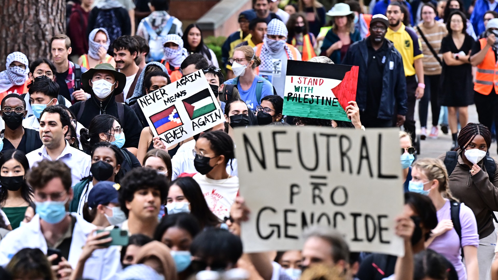 Students participate in a "Walkout to fight Genocide and Free Palestine" at Bruin Plaza at UCLA (University of California, Los Angeles) in Los Angeles on October 25, 2023 [AFP]
