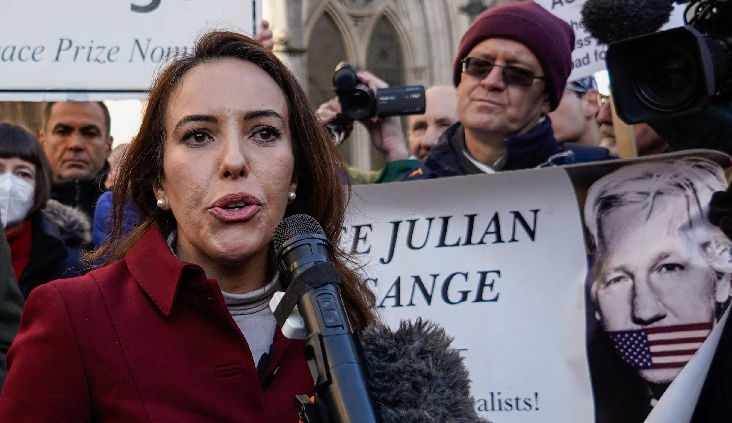 Stella Moris, partner of WikiLeaks founder Julian Assange, makes a statement outside the Royal Courts of Justice in London on December 10, 2021
