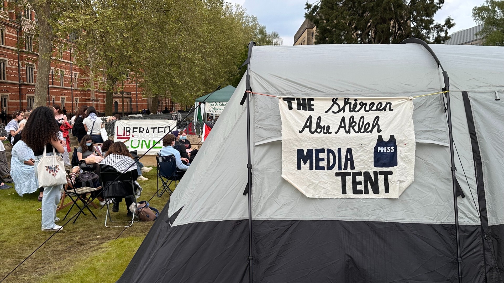 Protesters named their media tent after Shireen Abu-Akleh, a veteran Al Jazeera journalist who was killed by Israeli soldiers in the occupied West Bank in 2022 (Mohammad Saleh/MEE)