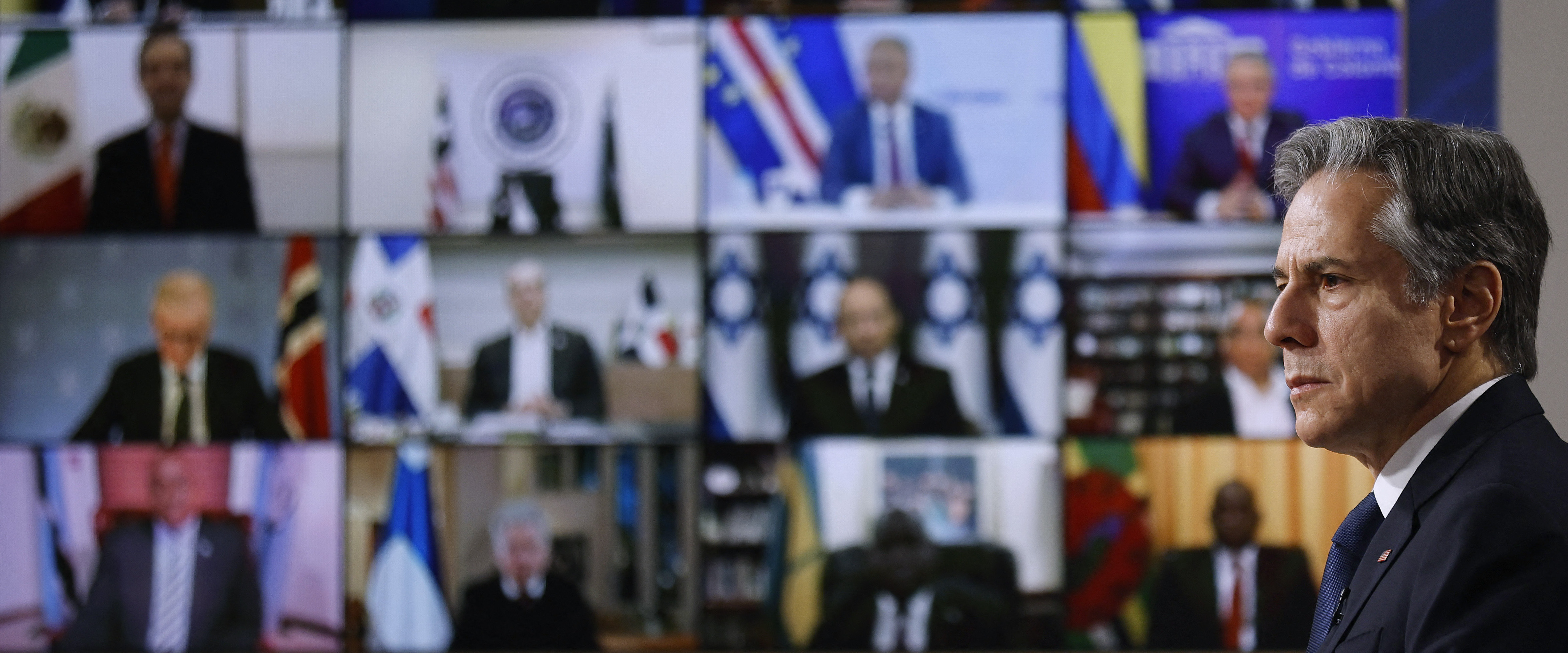 U.S. Secretary of State Antony Blinken participates in the virtual Summit for Democracy in the South Court Auditorium on December 09, 2021 in Washington, DC