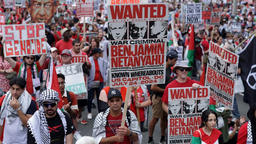 Activists participate in a pro-Palestinian protest near the US Capitol in Washington on 24 July 2024 (Alex Wong/Getty Images/AFP)