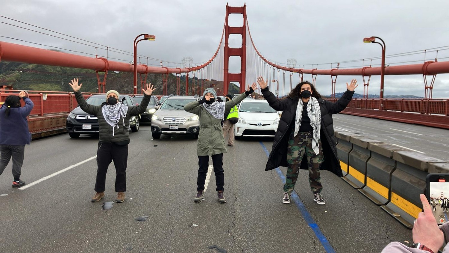 Pro-Palestine protesters disrupt traffic on the Golden Gate Bridge in California on 14 February 2024.