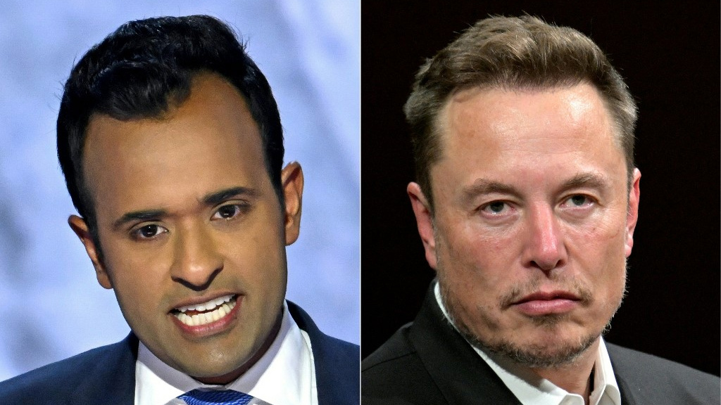 This combination of pictures shows US entrepreneur Vivek Ramaswamy (L) and Tesla CEO Elon Musk, who have both been tapped for a ‘department of government efficiency’ (AFP)