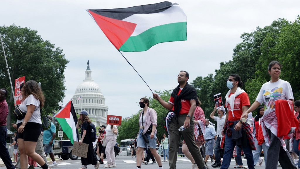 Activists participate in a pro-Palestinian protest near the US Capitol in Washington on 24 July 2024 (Alex Wong/Getty Images/AFP)