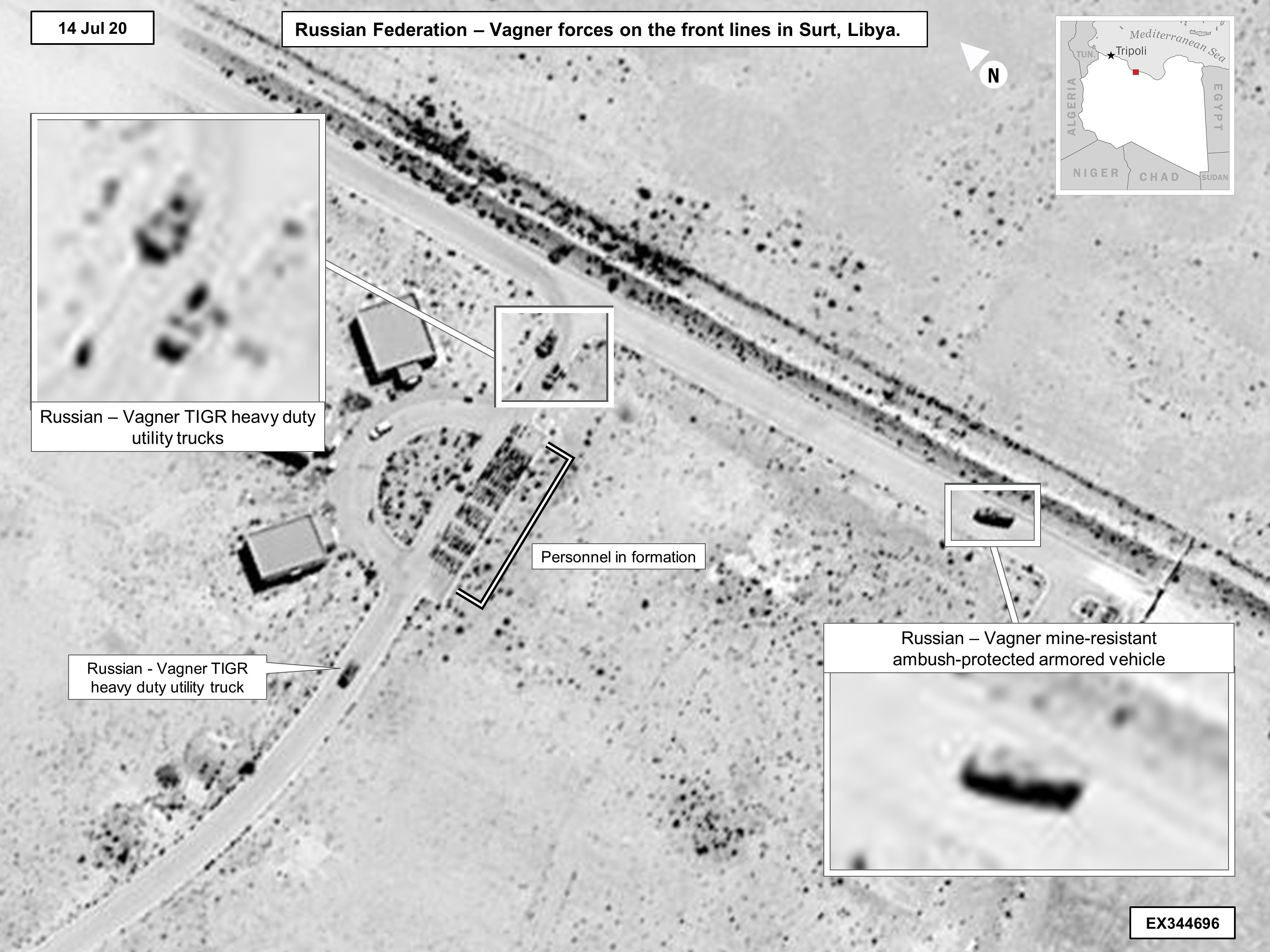 US satellite imagery released by Africom on 24 July reportedly shows Russian military equipment deployed on the frontlines of Sirte, Libya (Africom)