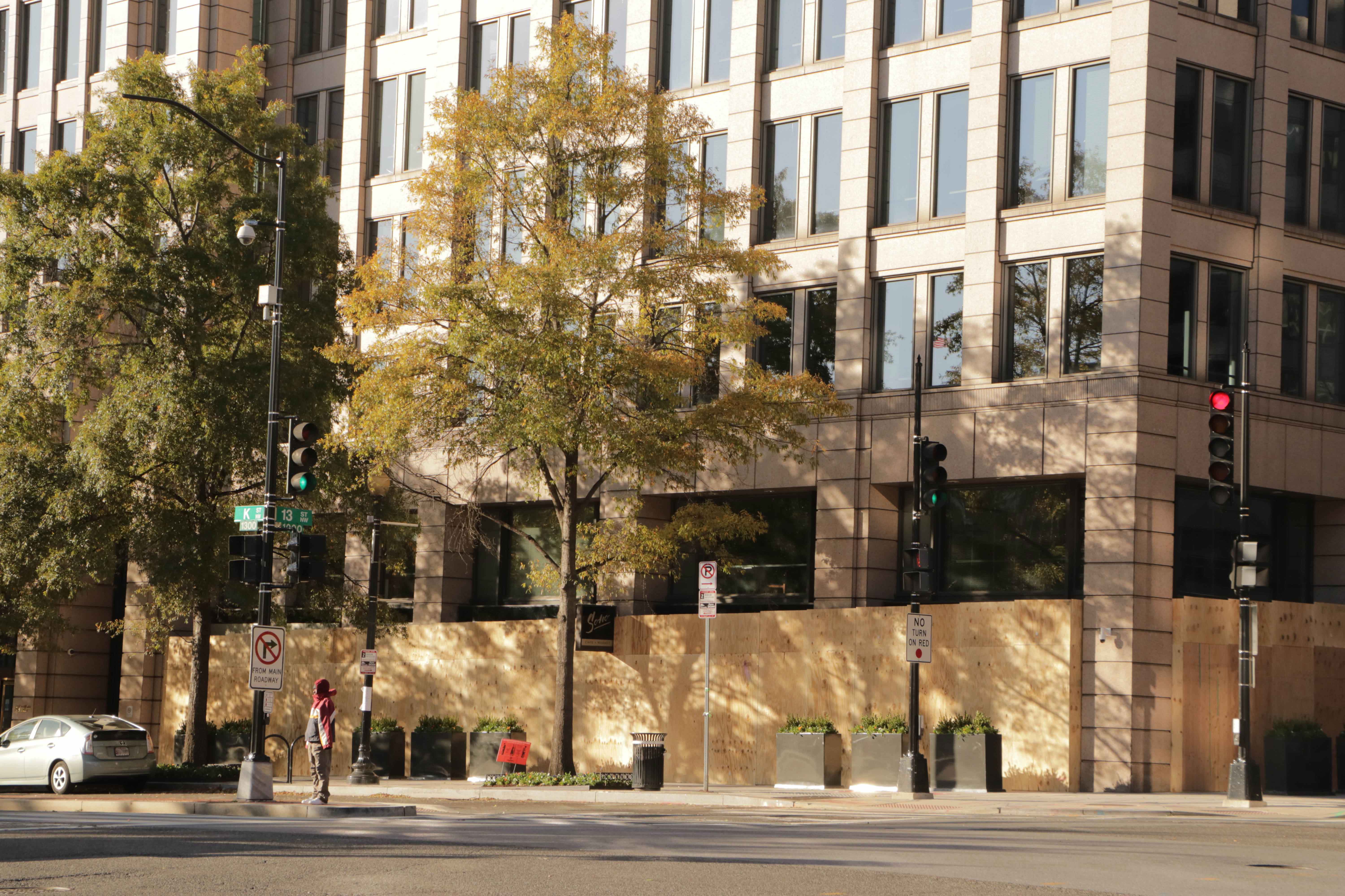 The Washington Post's building in the capital was boarded up with plywood.