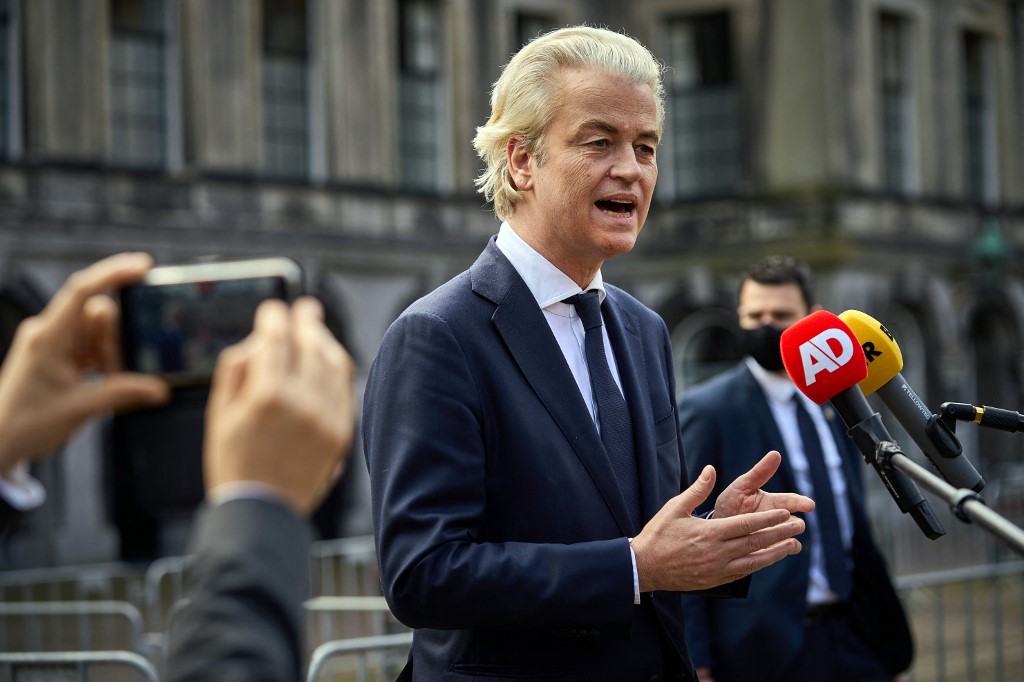 PVV leader Geert Wilders speaks to the media at the Hague on 22 March 2021 (AFP)