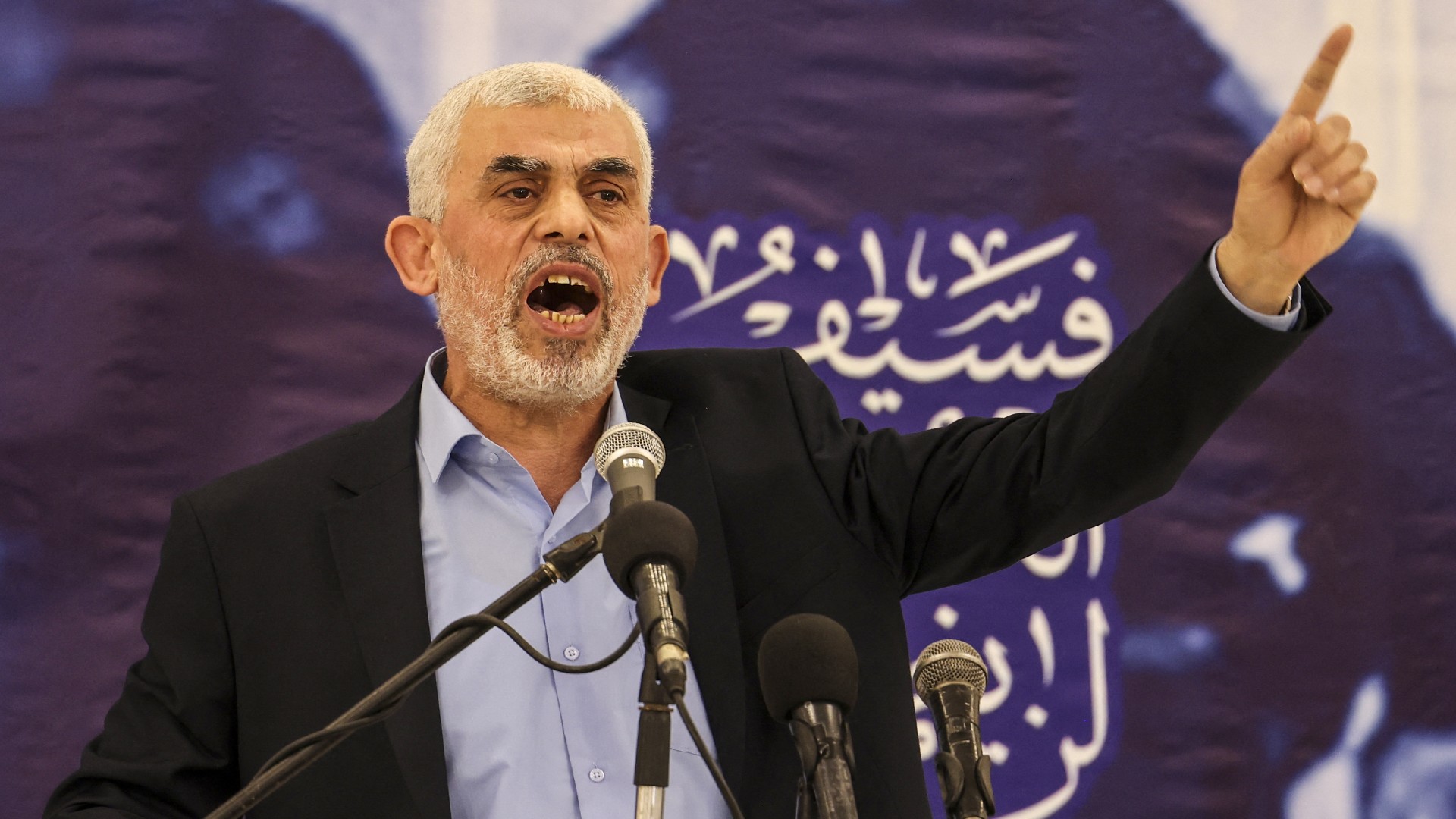 Yahya Sinwar speaks during a meeting in Gaza City on 30 April 2022 (AFP/Mahmud Hams)