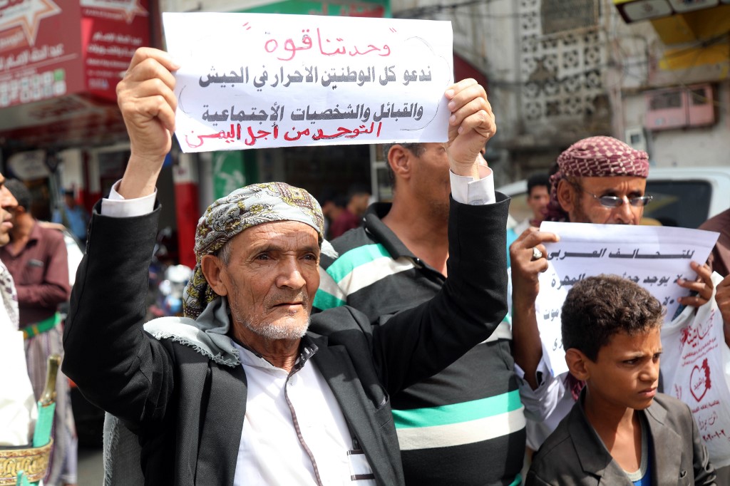 Yemenis protest against the United Arab Emirates and the Southern Transitional Council (STC) in the country's third city of Taez on June 24, 2020, after the STC's southern separatists seized control of the strategic island of Socotra